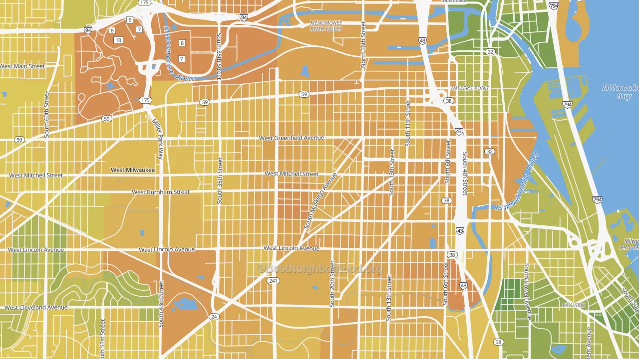 Map of the best neighborhoods in the Muskego Way, Milwaukee area, with better matches in green and worse matches in red
