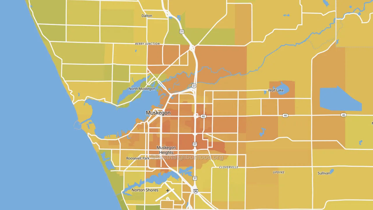Map of the best neighborhoods in the Muskegon County area, with better matches in green and worse matches in red