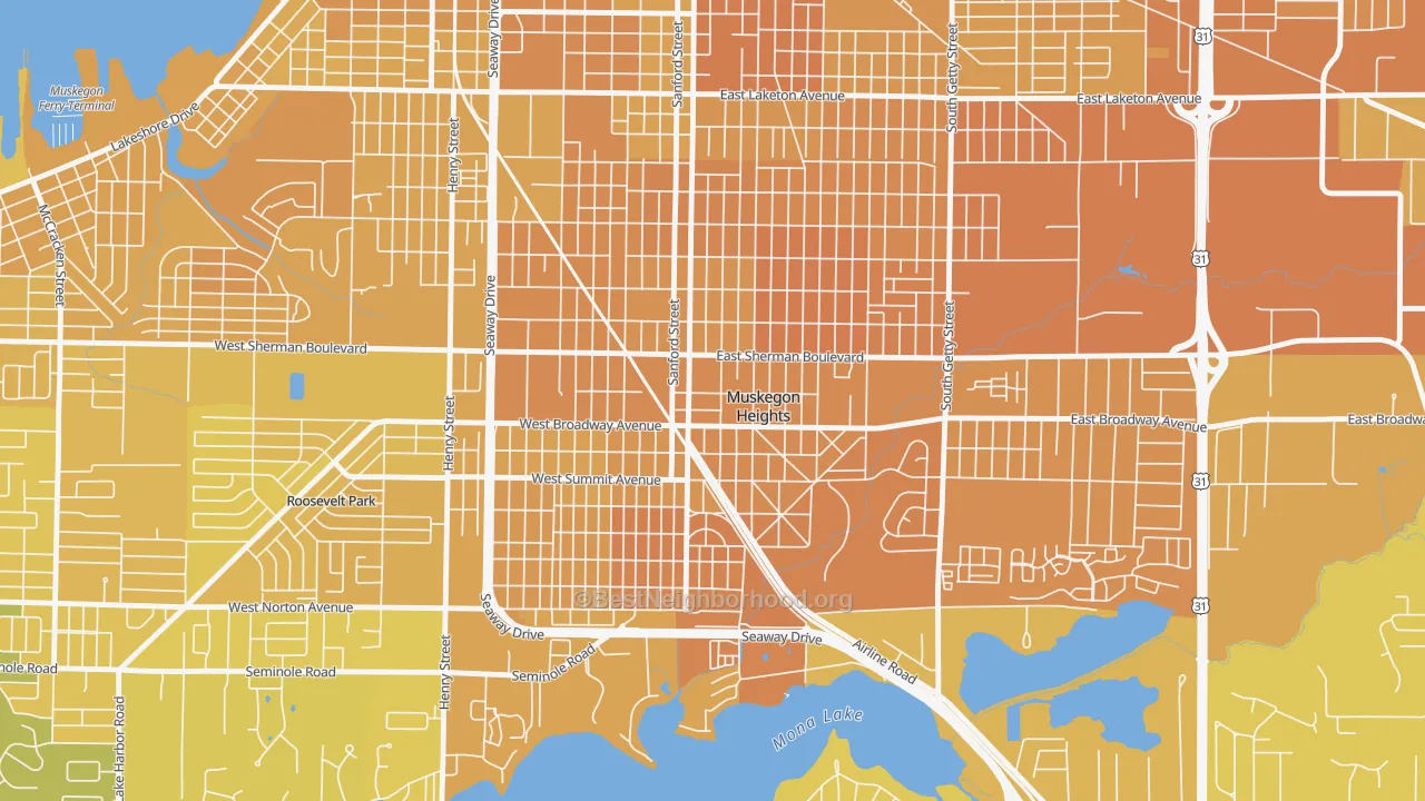 Map of the best neighborhoods in the Muskegon Heights area, with better matches in green and worse matches in red