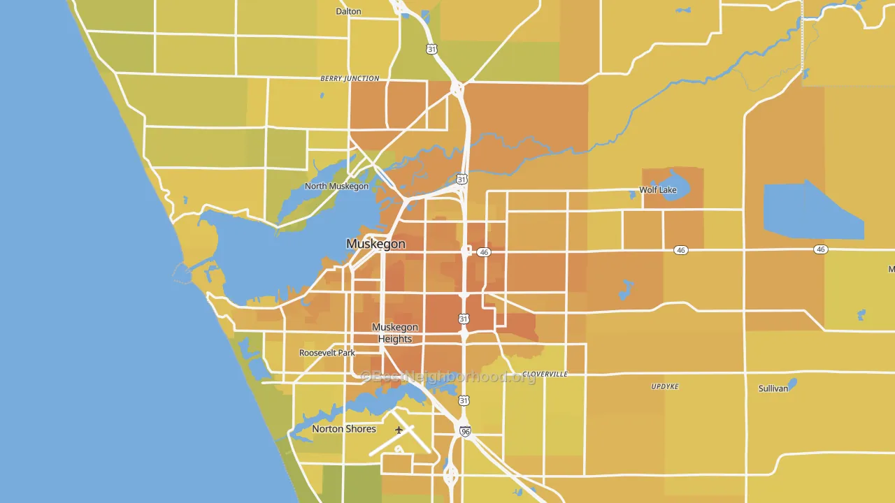 Map of the best neighborhoods in the Muskegon Metro area, with better matches in green and worse matches in red