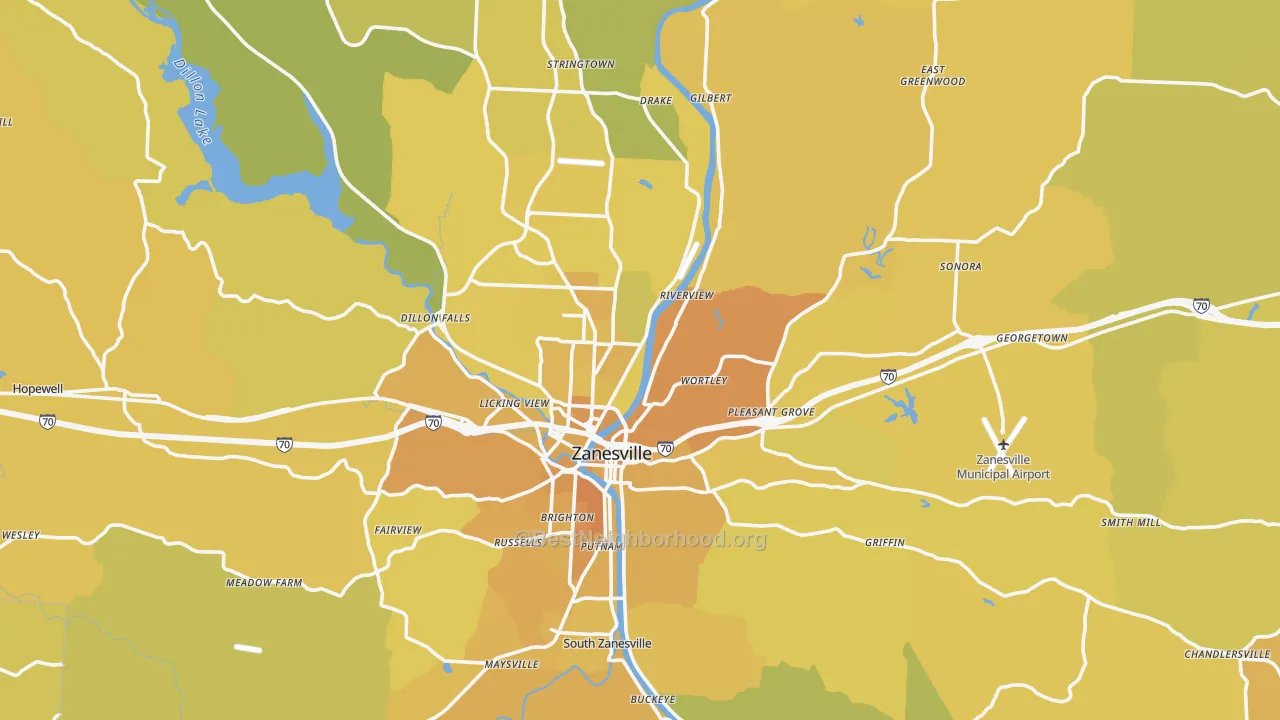 Map of the best neighborhoods in the Muskingum County area, with better matches in green and worse matches in red