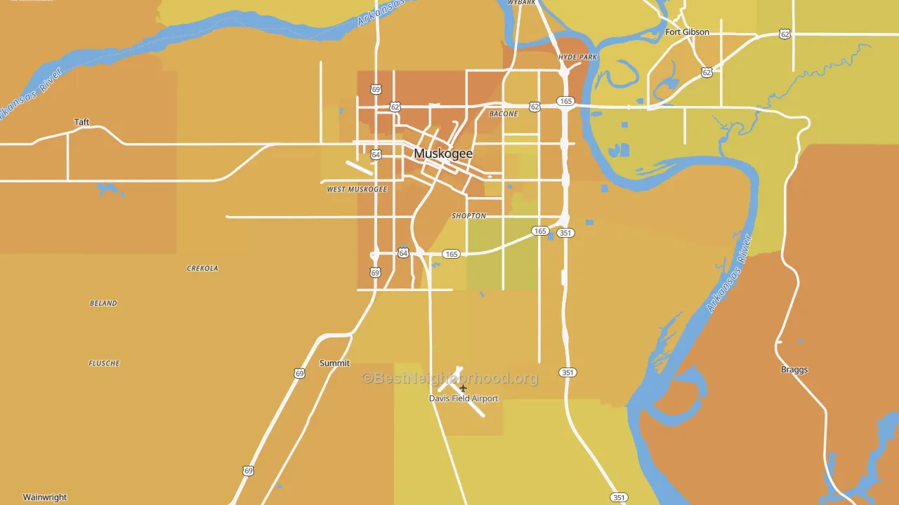 Map of the best neighborhoods in the Muskogee County area, with better matches in green and worse matches in red
