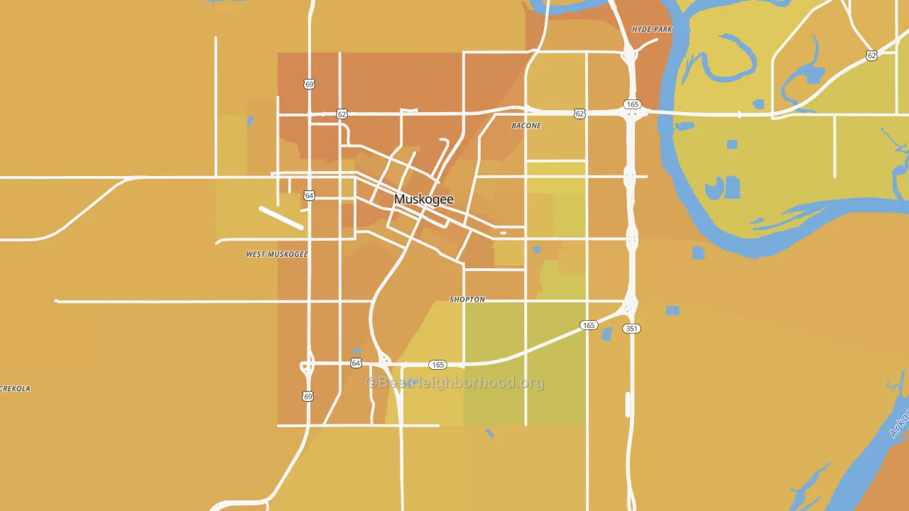 Map of the best neighborhoods in the Muskogee area, with better matches in green and worse matches in red