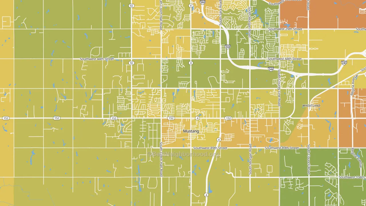 Map of the best neighborhoods in the Mustang area, with better matches in green and worse matches in red
