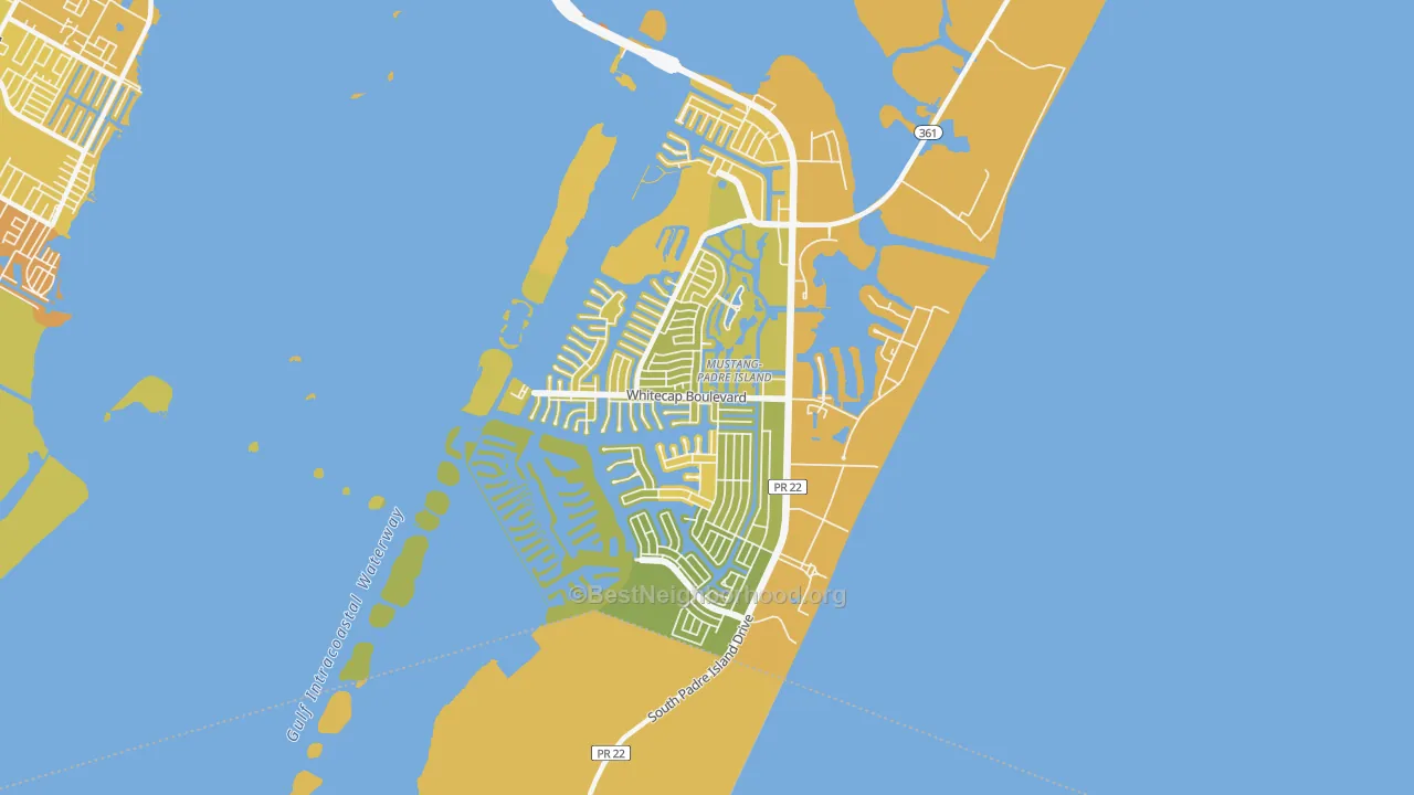 Map of the best neighborhoods in the Mustang-Padre Island, Corpus Christi area, with better matches in green and worse matches in red