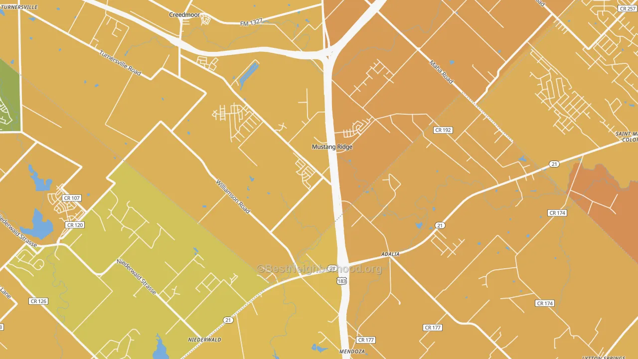 Map of the best neighborhoods in the Mustang Ridge area, with better matches in green and worse matches in red