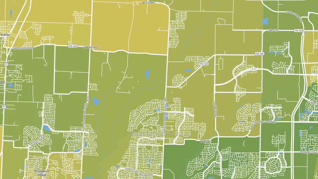 Map of the best neighborhoods in the Mustang area, with better matches in green and worse matches in red