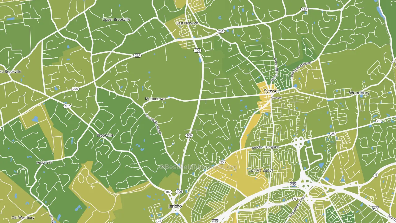 Map of the best neighborhoods in the Muttontown area, with better matches in green and worse matches in red