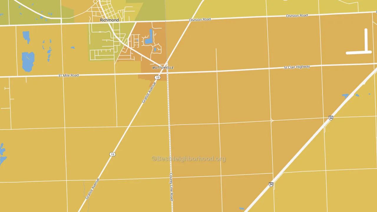 Map of the best neighborhoods in the Muttonville area, with better matches in green and worse matches in red