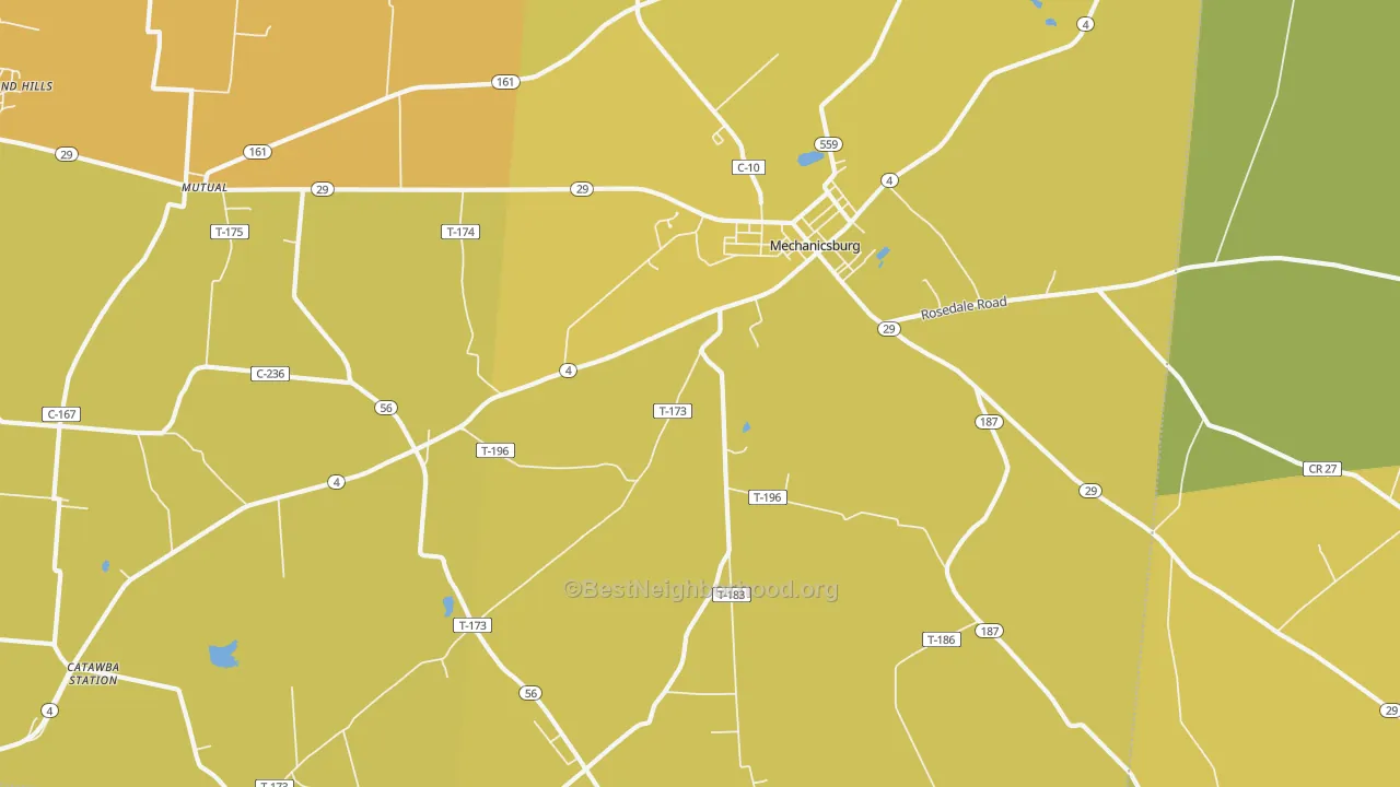 Map of the best neighborhoods in the Mutual area, with better matches in green and worse matches in red