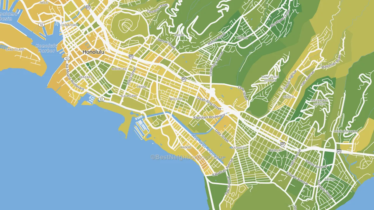 Map of the best neighborhoods in the Mxcully-Moiliili, Honolulu area, with better matches in green and worse matches in red