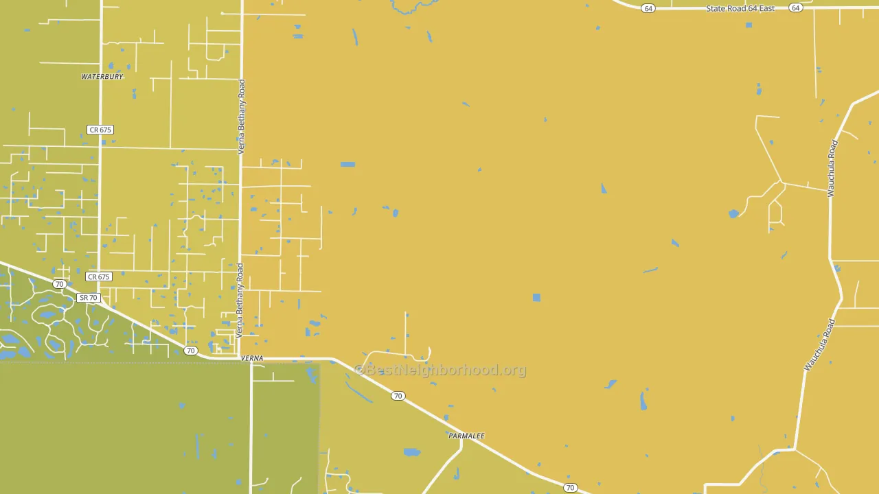 Map of the best neighborhoods in the Myakka City area, with better matches in green and worse matches in red