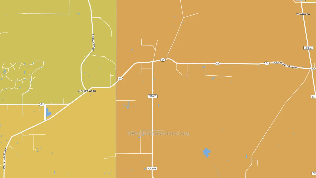 Map of the best neighborhoods in the Myakka Head area, with better matches in green and worse matches in red