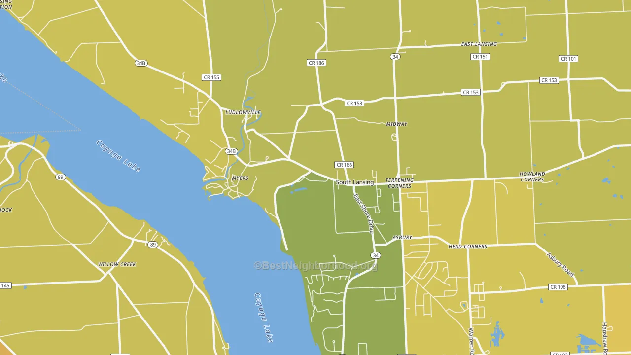 Map of the best neighborhoods in the Myers area, with better matches in green and worse matches in red