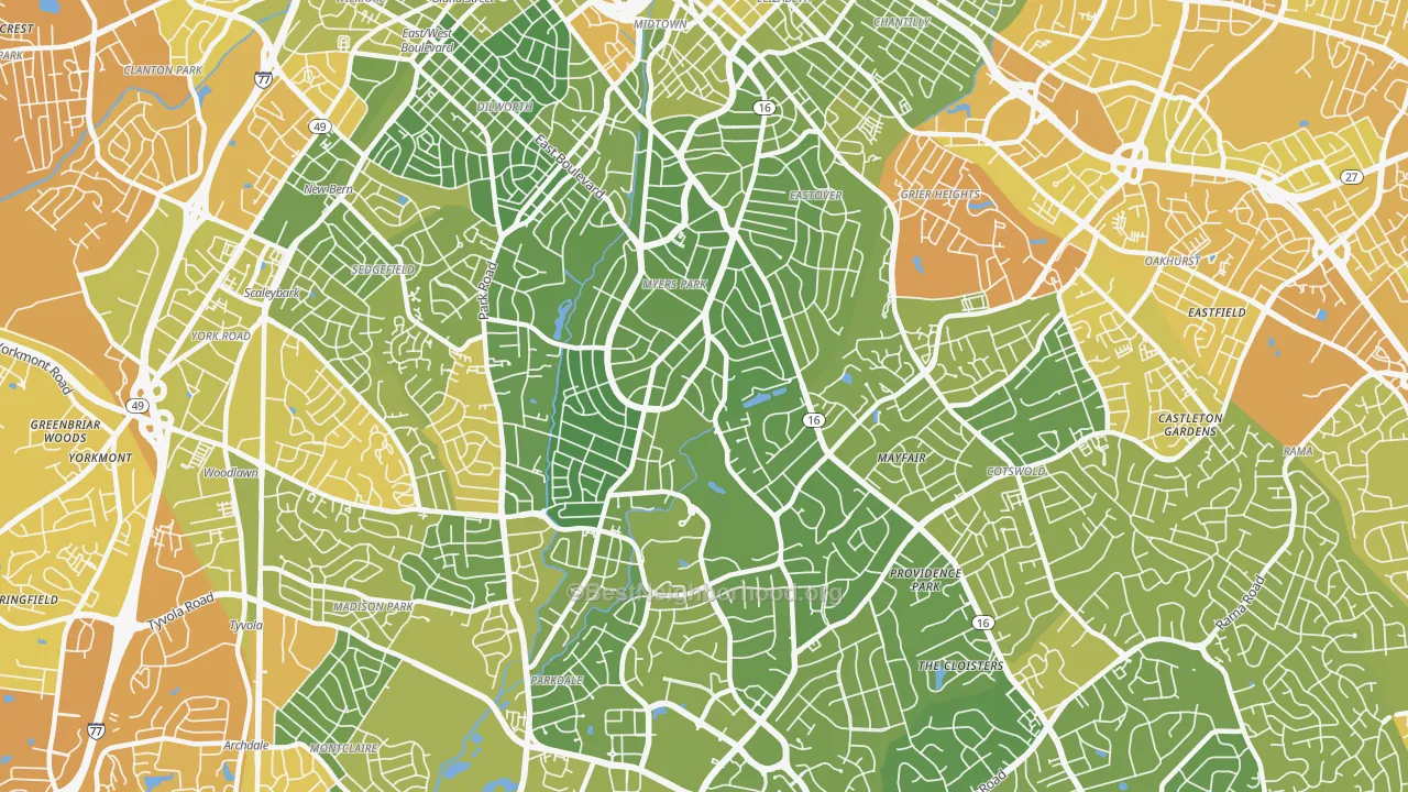Map of the best neighborhoods in the Myers Park, Charlotte area, with better matches in green and worse matches in red
