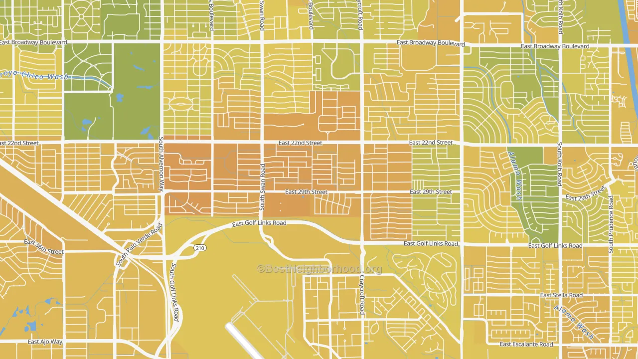 Map of the best neighborhoods in the Myers, Tucson area, with better matches in green and worse matches in red