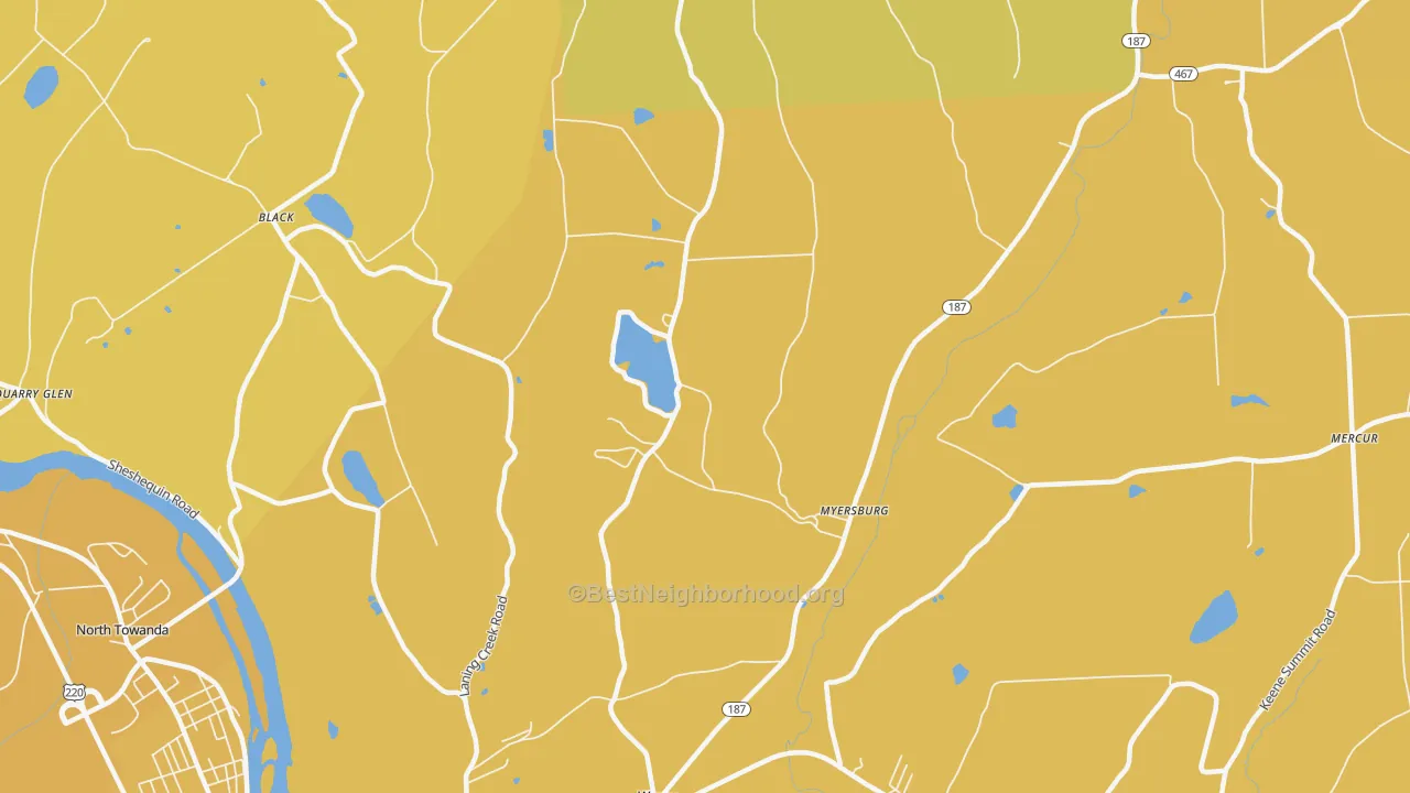 Map of the best neighborhoods in the Myersburg area, with better matches in green and worse matches in red