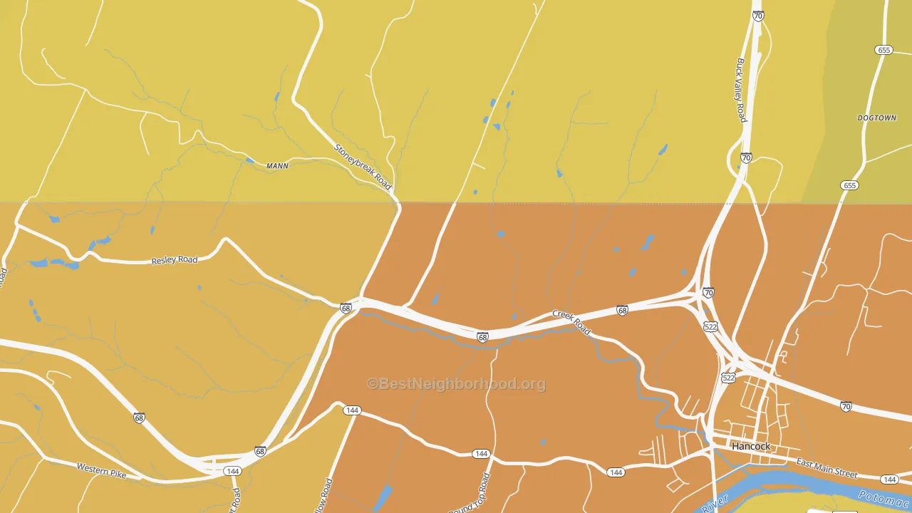 Map of the best neighborhoods in the Myersdale area, with better matches in green and worse matches in red