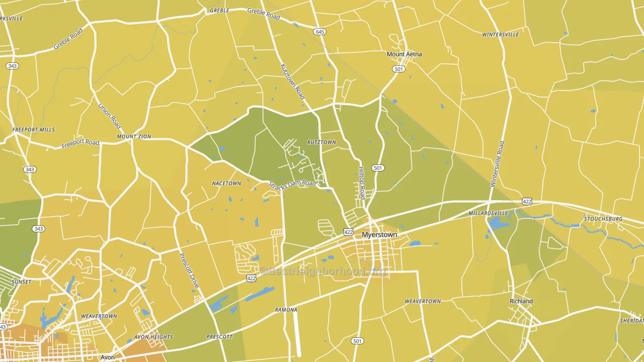 Map of the best neighborhoods in the Myerstown area, with better matches in green and worse matches in red