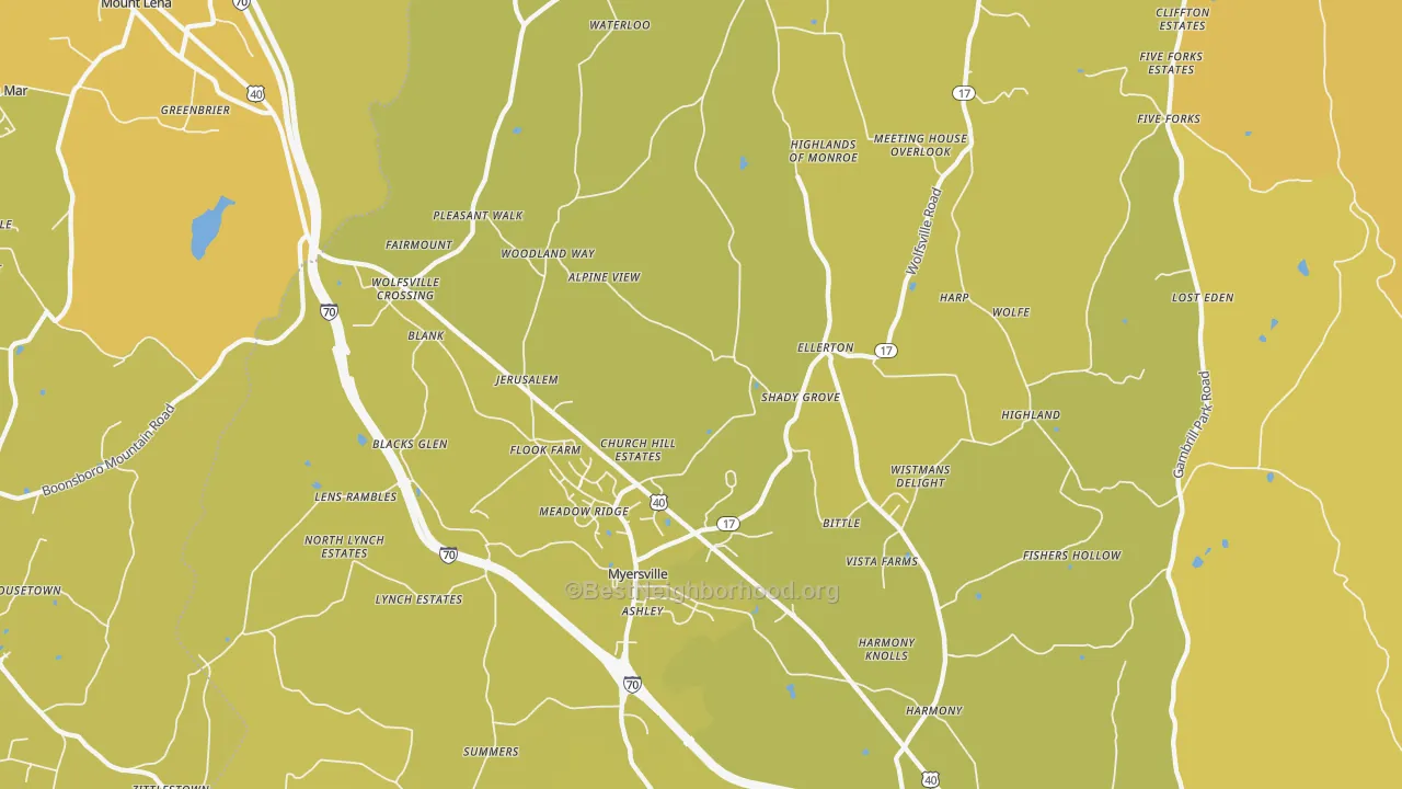 Map of the best neighborhoods in the Myersville area, with better matches in green and worse matches in red