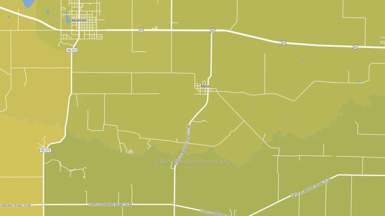 Map of the best neighborhoods in the Myra area, with better matches in green and worse matches in red