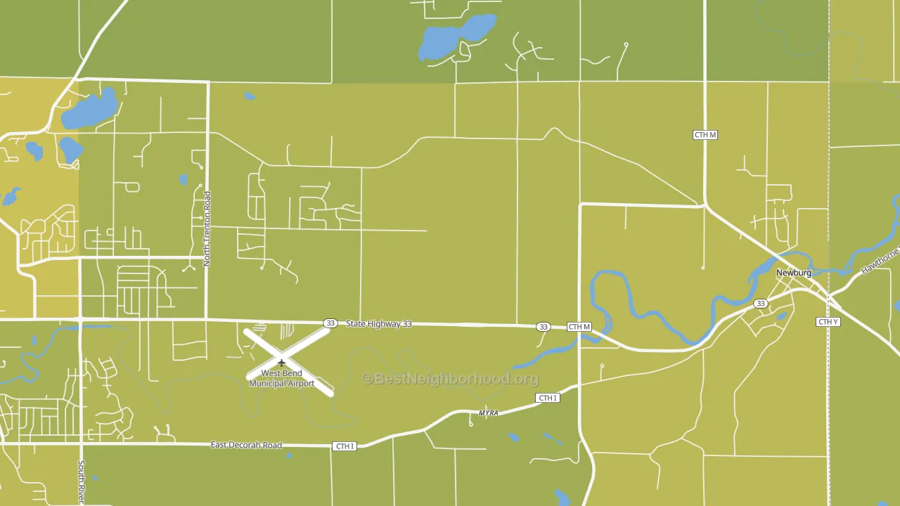 Map of the best neighborhoods in the Myra area, with better matches in green and worse matches in red