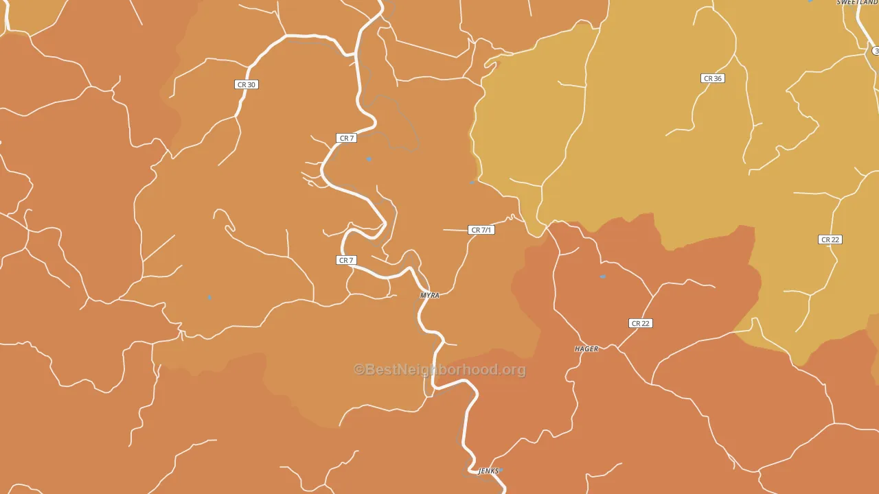 Map of the best neighborhoods in the Myra area, with better matches in green and worse matches in red