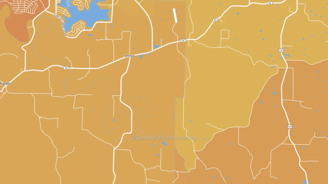 Map of the best neighborhoods in the Myron area, with better matches in green and worse matches in red