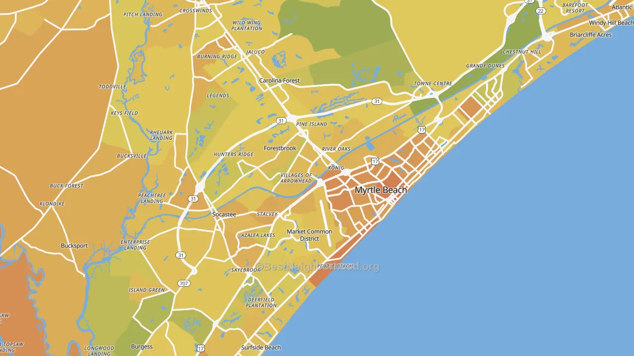 Map of the best neighborhoods in the Myrtle Beach Metro area, with better matches in green and worse matches in red
