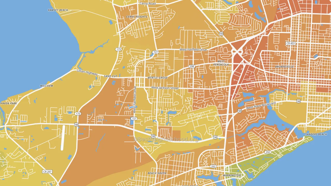 Map of the best neighborhoods in the Myrtle Grove area, with better matches in green and worse matches in red