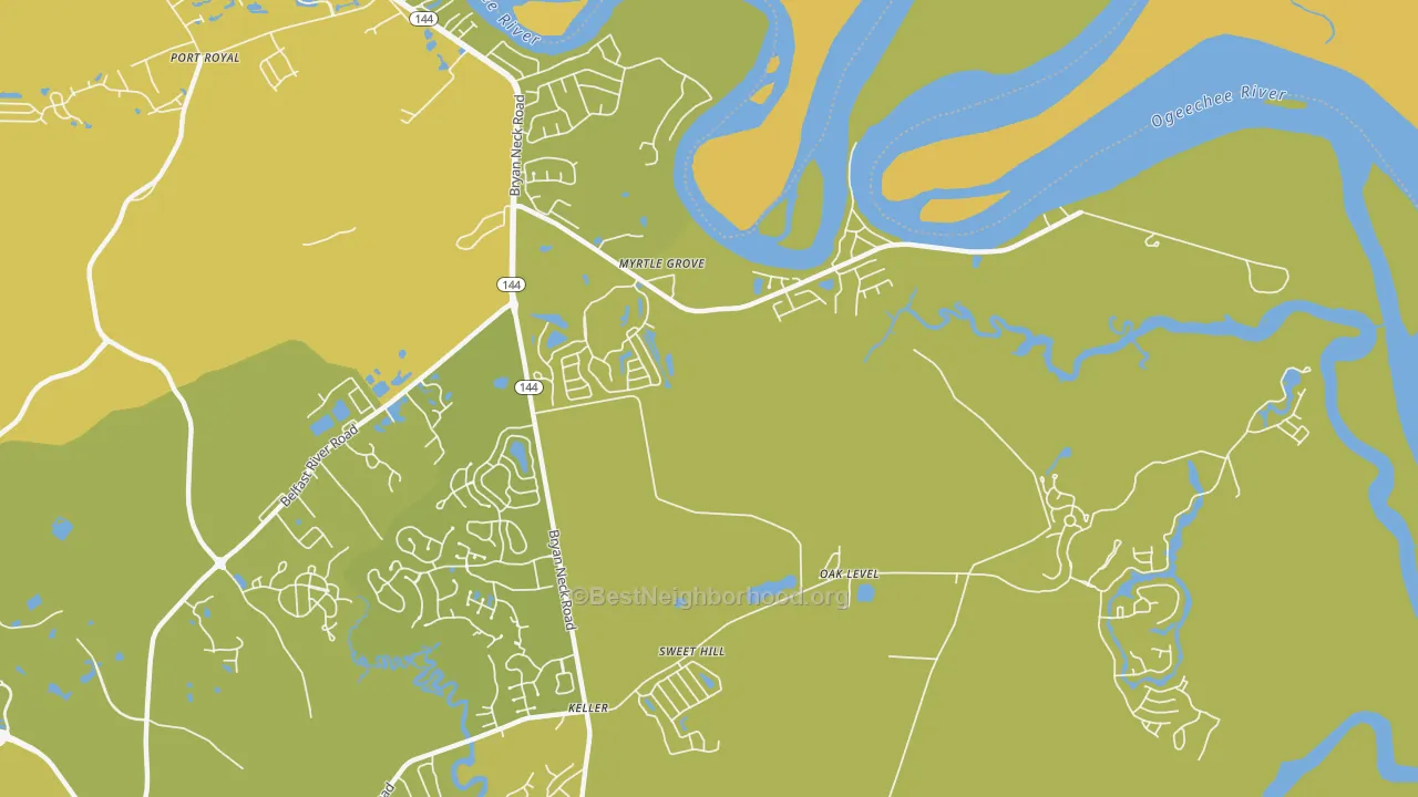 Map of the best neighborhoods in the Myrtle Grove area, with better matches in green and worse matches in red