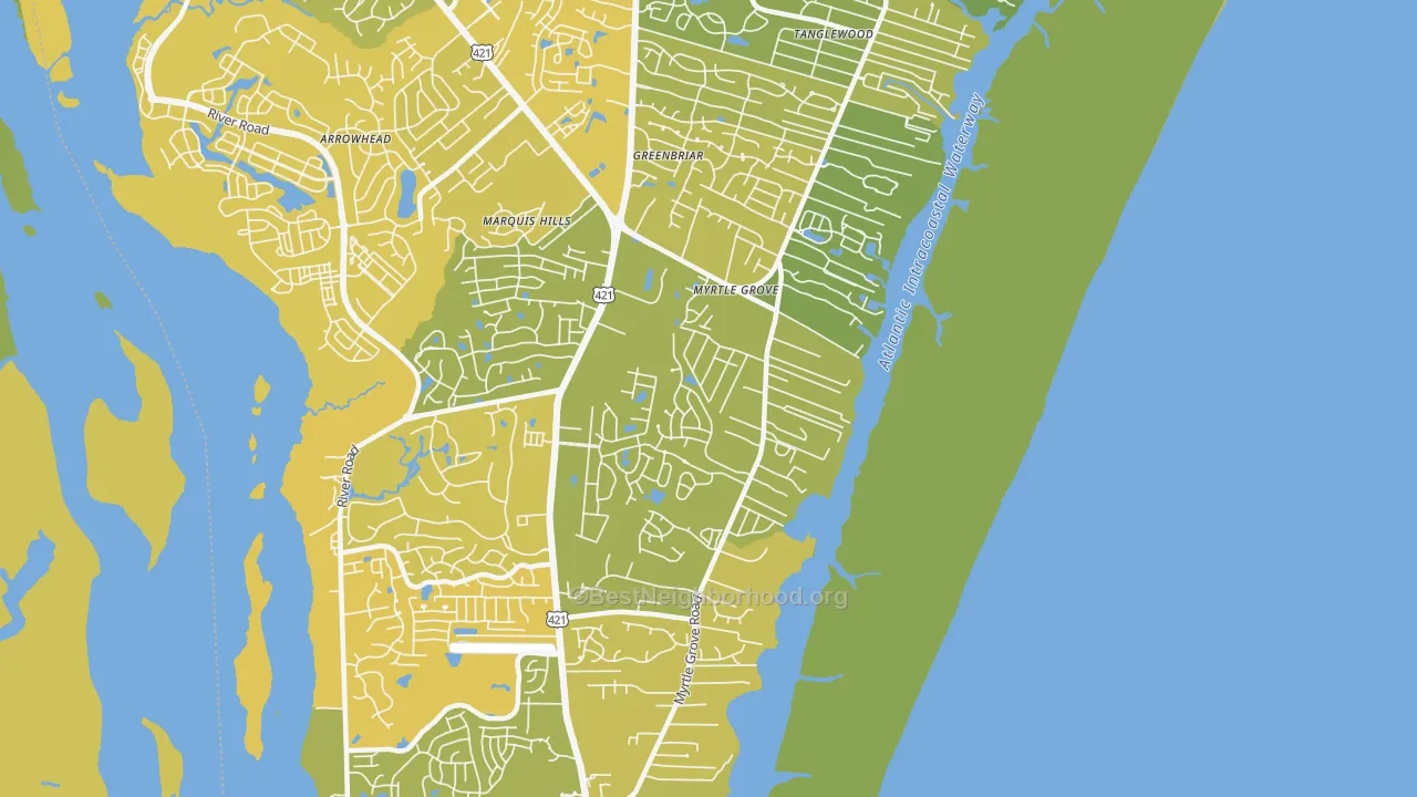 Map of the best neighborhoods in the Myrtle Grove area, with better matches in green and worse matches in red