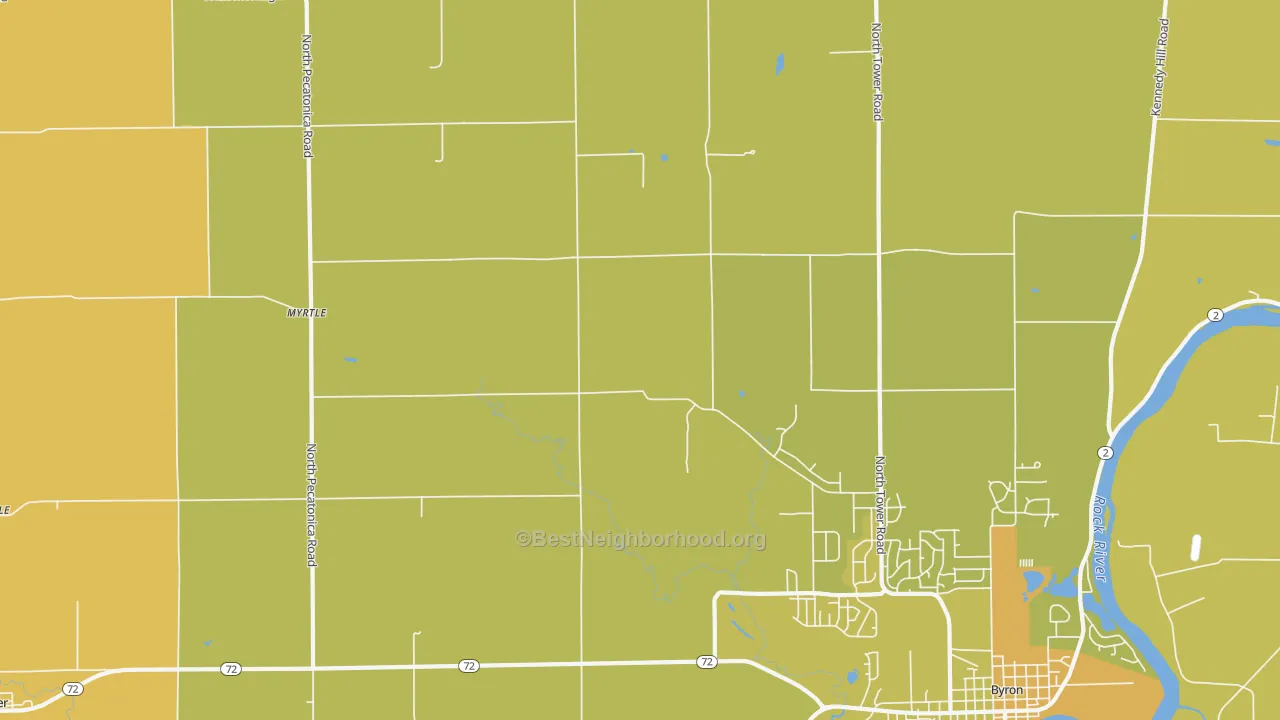 Map of the best neighborhoods in the Myrtle area, with better matches in green and worse matches in red