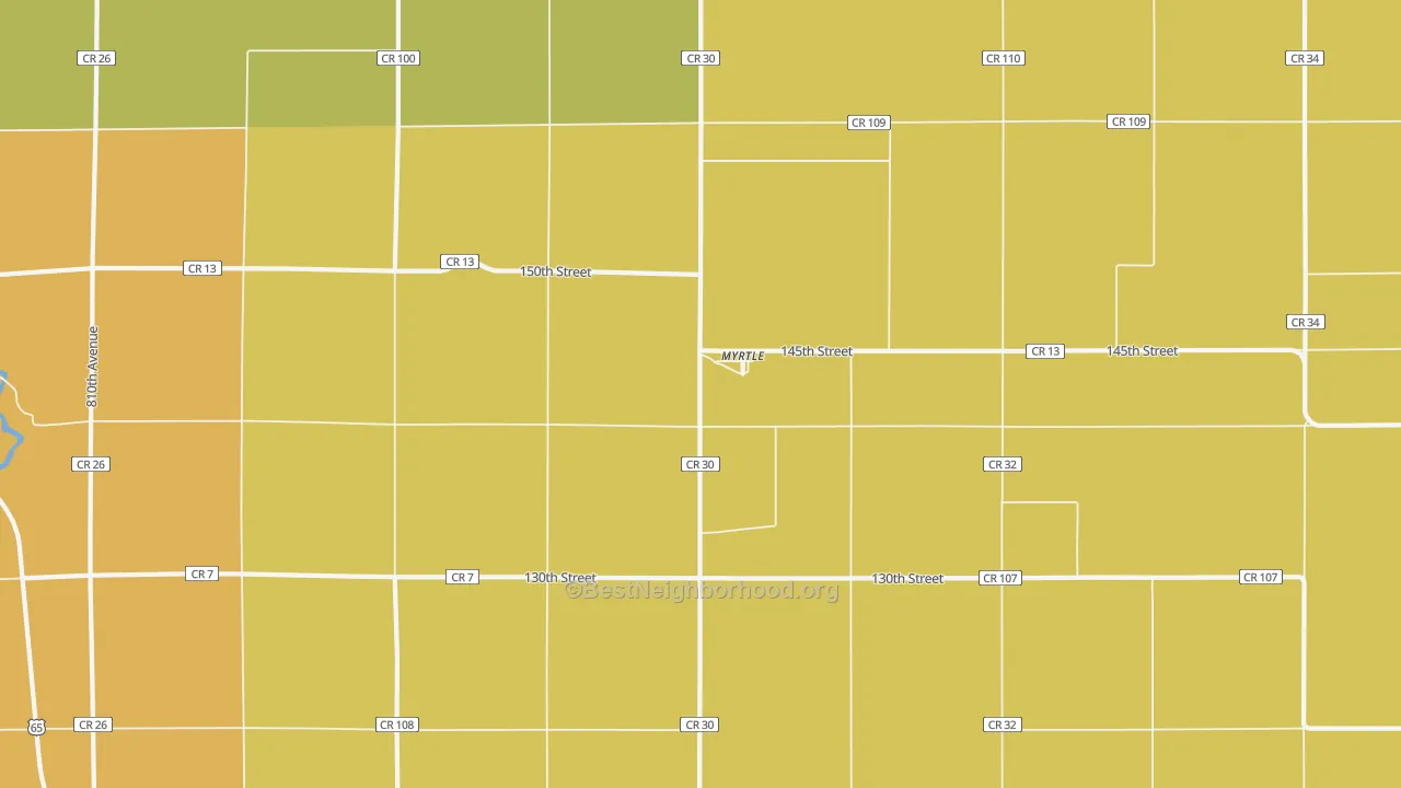 Map of the best neighborhoods in the Myrtle area, with better matches in green and worse matches in red