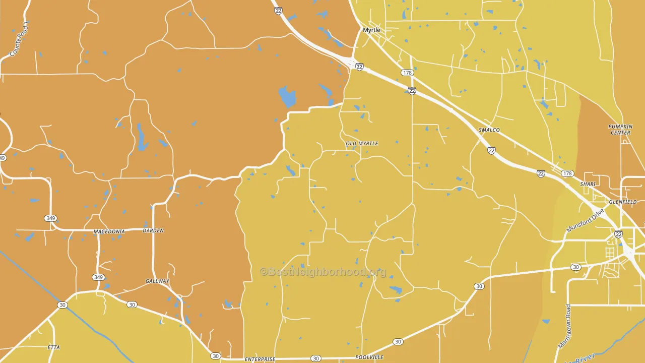Map of the best neighborhoods in the Myrtle area, with better matches in green and worse matches in red