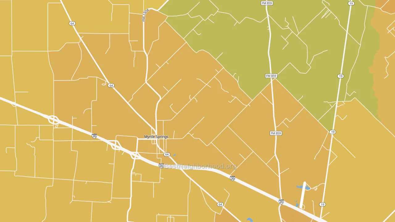 Map of the best neighborhoods in the Myrtle Springs area, with better matches in green and worse matches in red