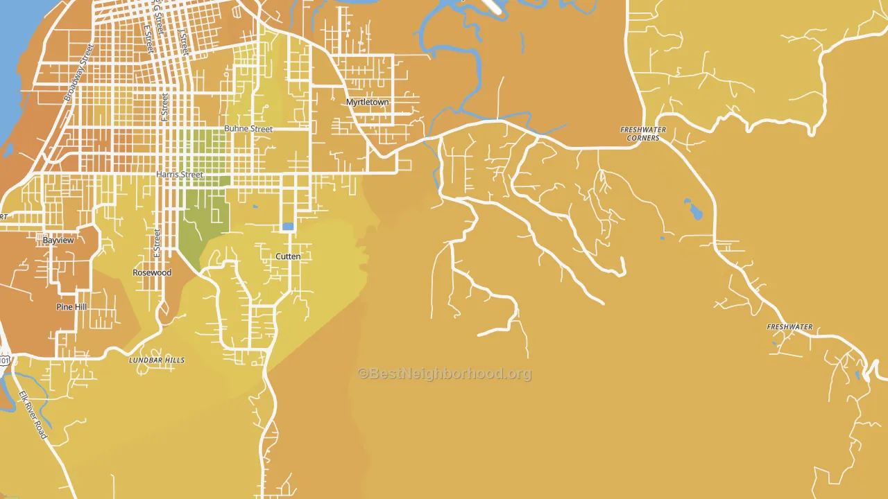 Map of the best neighborhoods in the Myrtletown area, with better matches in green and worse matches in red