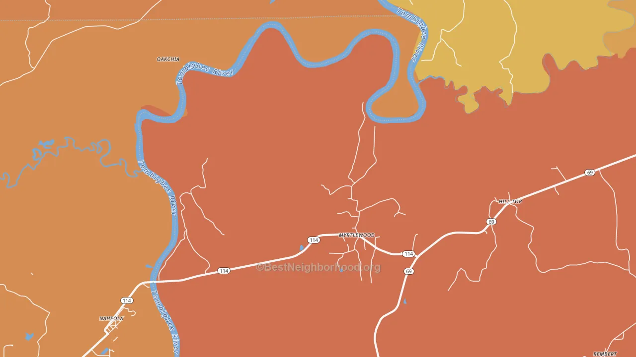Map of the best neighborhoods in the Myrtlewood area, with better matches in green and worse matches in red