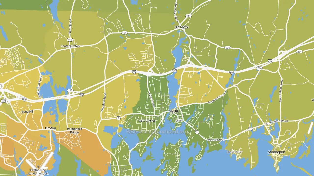 Map of the best neighborhoods in the Mystic area, with better matches in green and worse matches in red