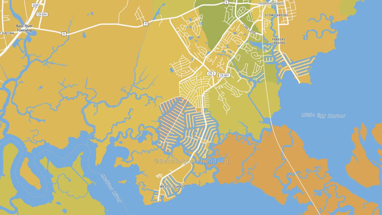 Map of the best neighborhoods in the Mystic Island area, with better matches in green and worse matches in red