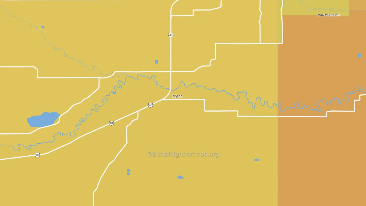 Map of the best neighborhoods in the Myton area, with better matches in green and worse matches in red
