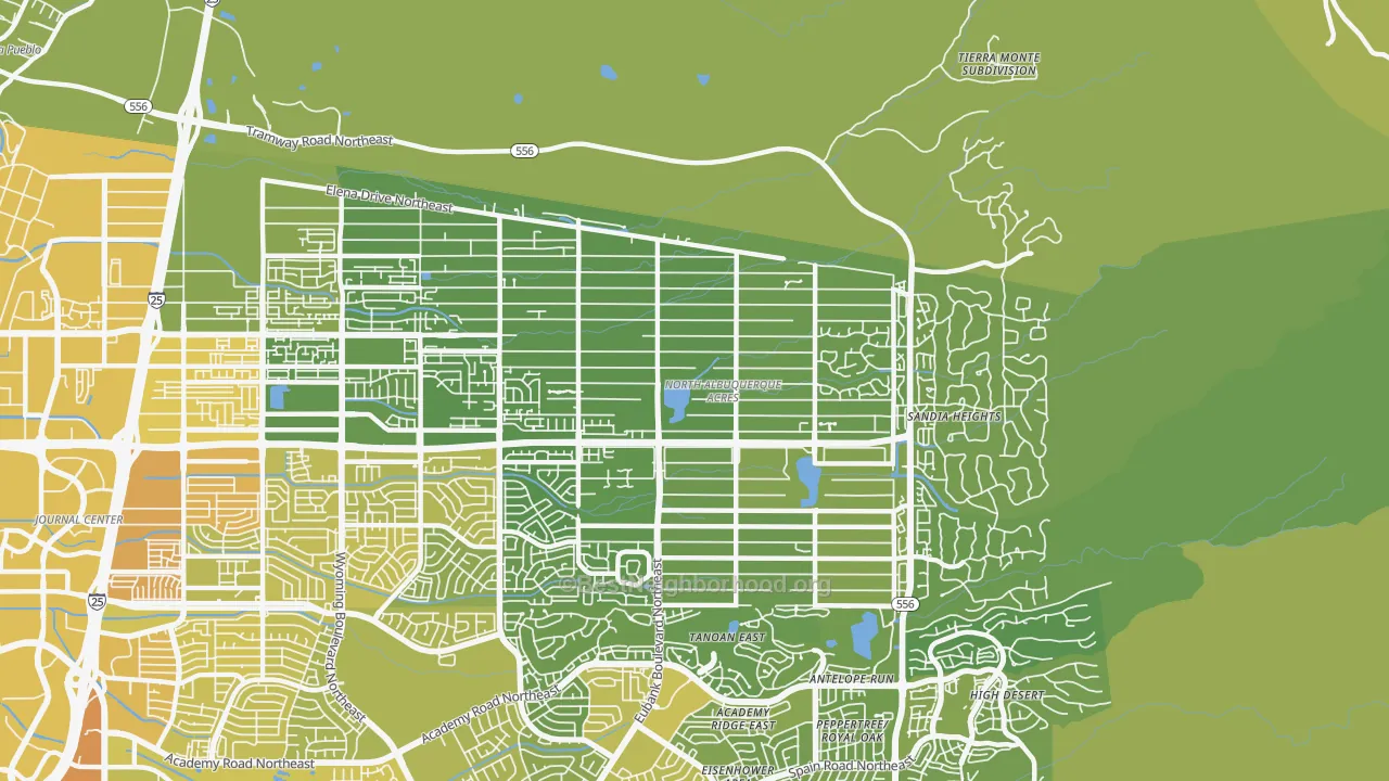 Map of the best neighborhoods in the N Albuquerque Acres, Albuquerque area, with better matches in green and worse matches in red