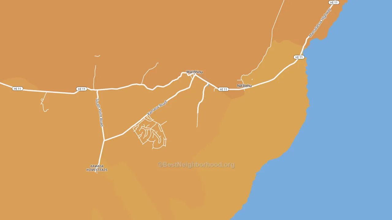Map of the best neighborhoods in the Naalehu area, with better matches in green and worse matches in red