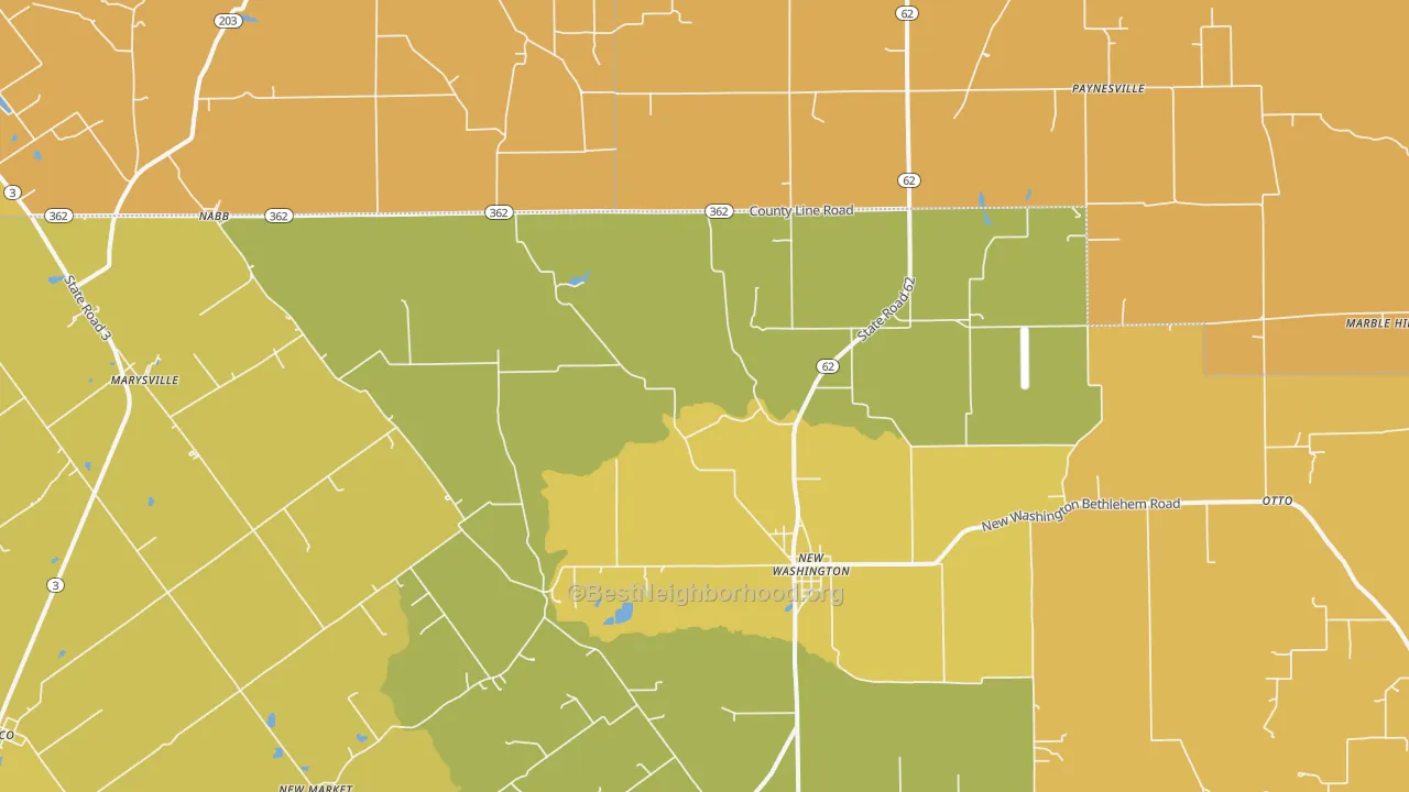 Map of the best neighborhoods in the Nabb area, with better matches in green and worse matches in red