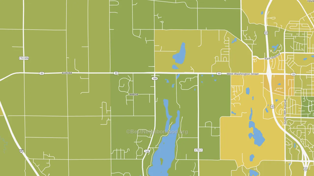 Map of the best neighborhoods in the Nabob area, with better matches in green and worse matches in red