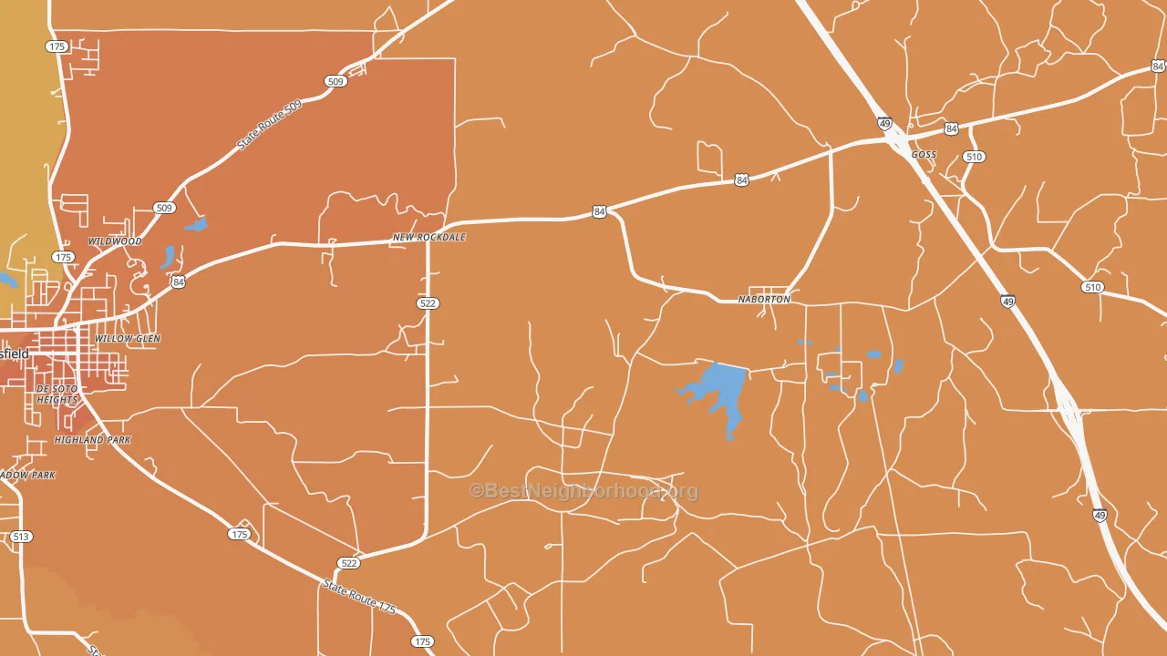 Map of the best neighborhoods in the Naborton area, with better matches in green and worse matches in red