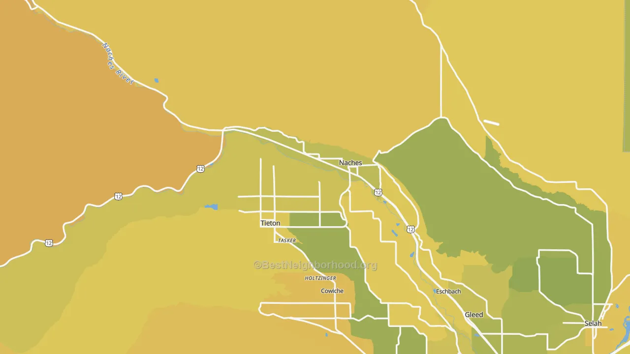 Map of the best neighborhoods in the Naches area, with better matches in green and worse matches in red