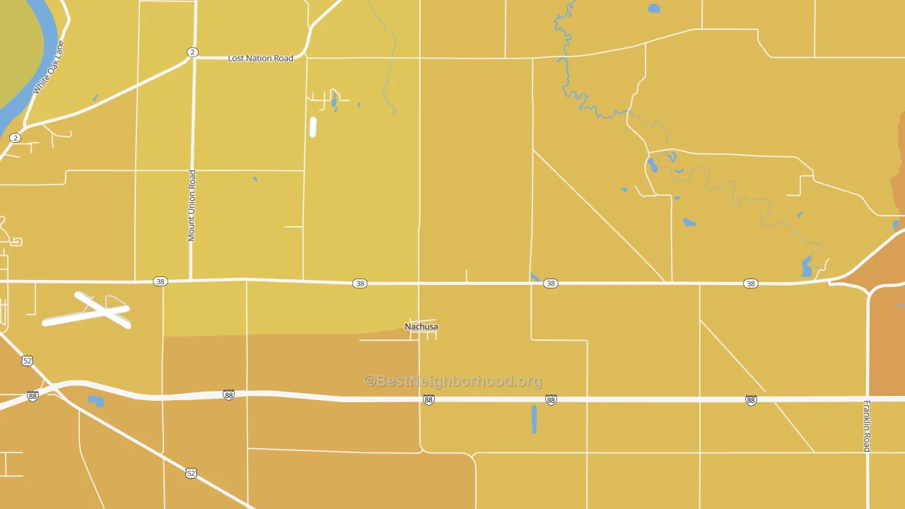 Map of the best neighborhoods in the Nachusa area, with better matches in green and worse matches in red