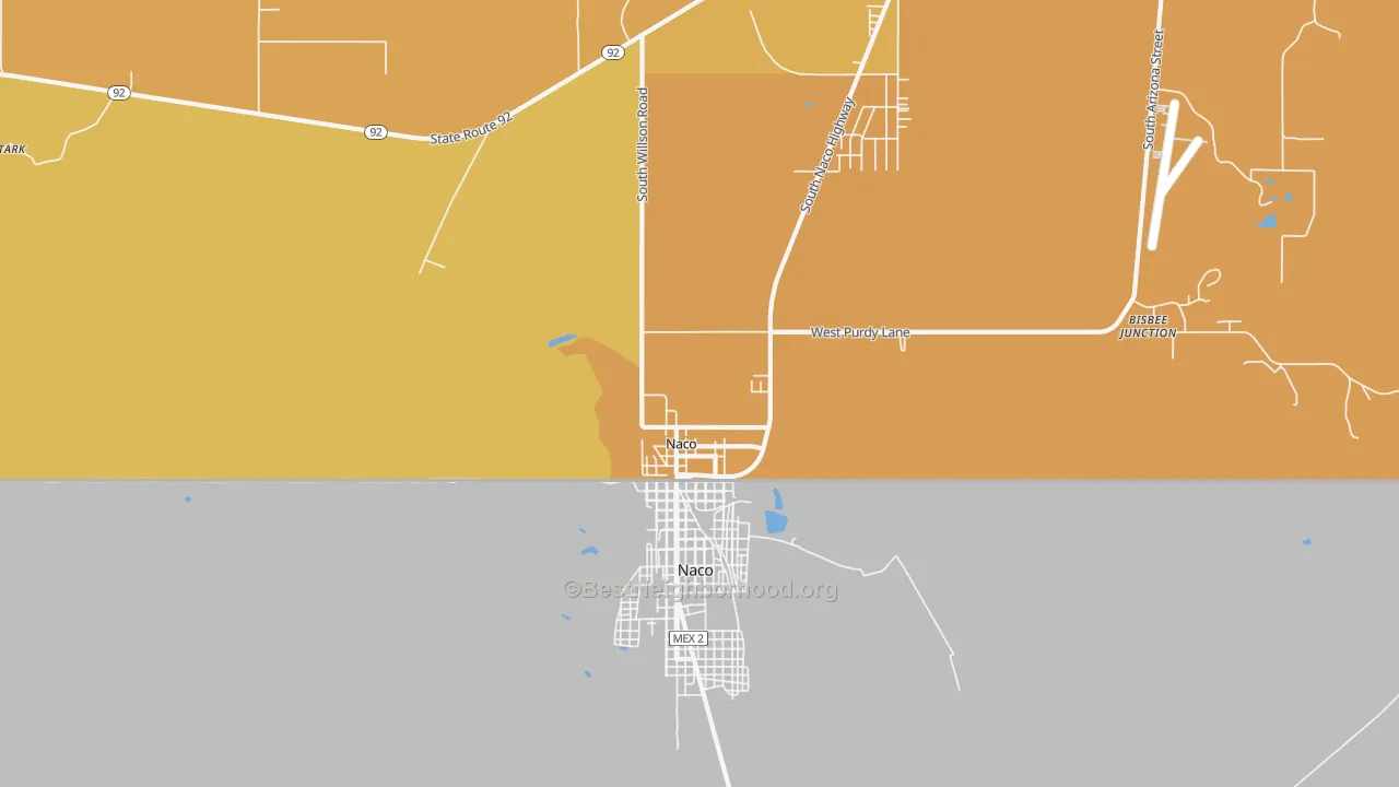 Map of the best neighborhoods in the Naco area, with better matches in green and worse matches in red