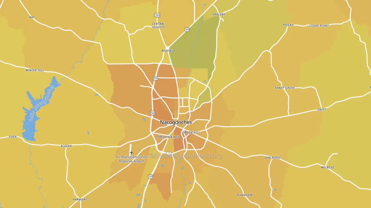Map of the best neighborhoods in the Nacogdoches County area, with better matches in green and worse matches in red